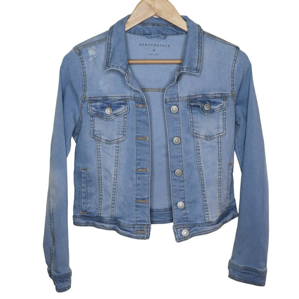 Aeropostale Jean Jacket Size Medium Distressed‎ Cropped Denim Light Wash Stretch